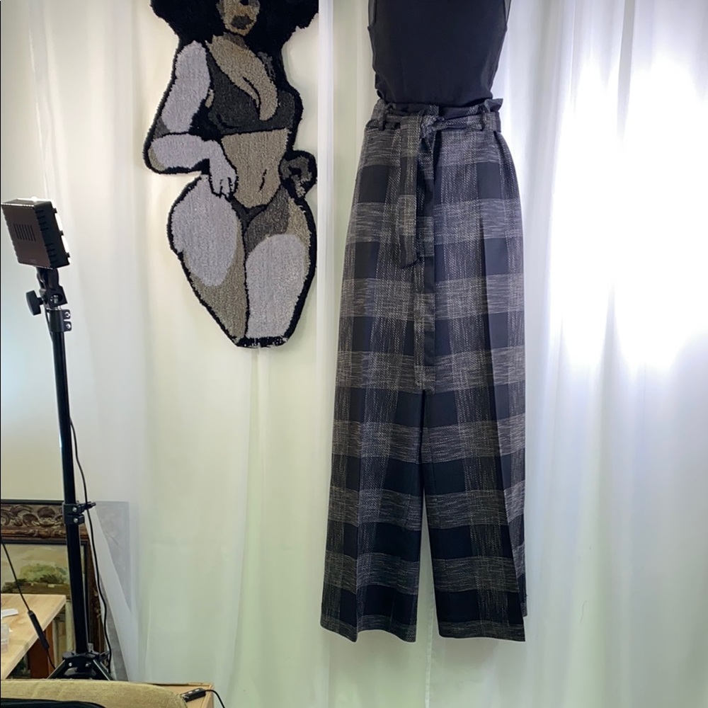 New York & Company Black and Gray Wide Leg Plaid Pants